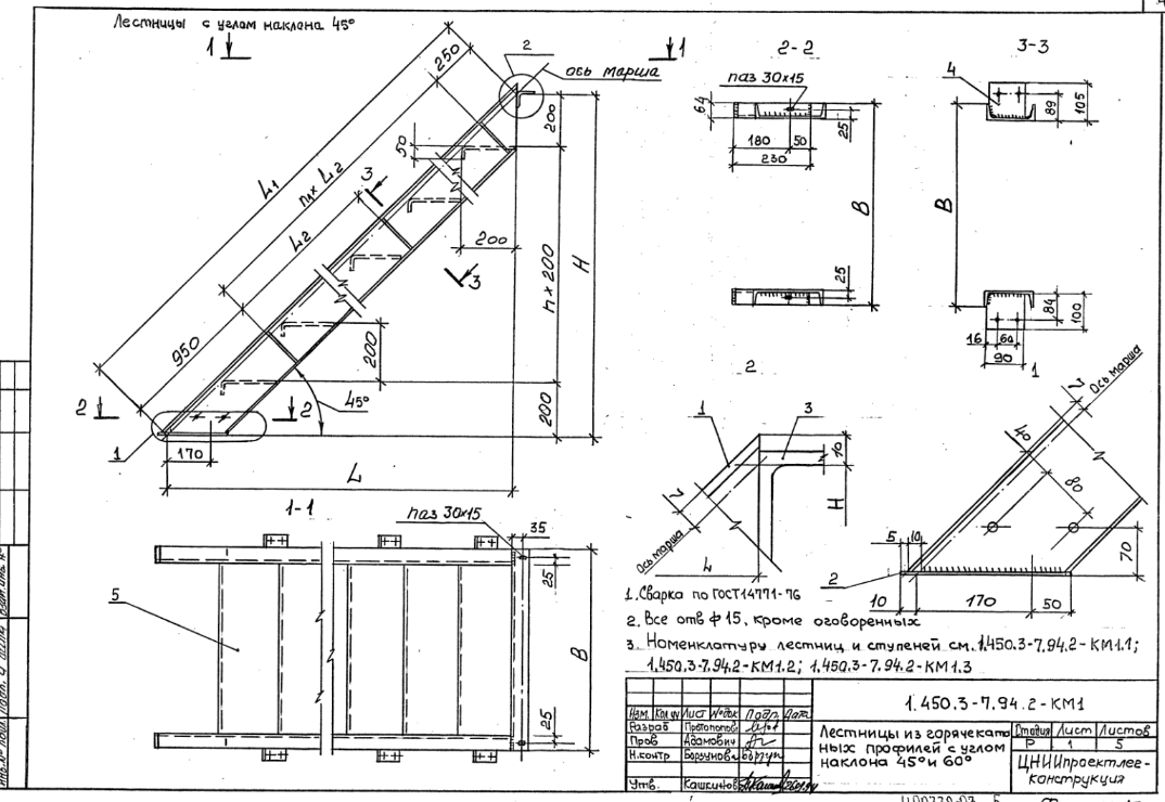 Серия 1.450.3-7.94 Лестницы, площадки, стремянки и ограждения стальные для  производственных зданий промышленных предприятий. Выпуск 2 Конструкции из  горячекатаных профилей. Чертежи КМ
